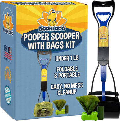 Dog Pooper Scooper Kit with Waste Bags &amp; Holder Long Handle Cleanup Set