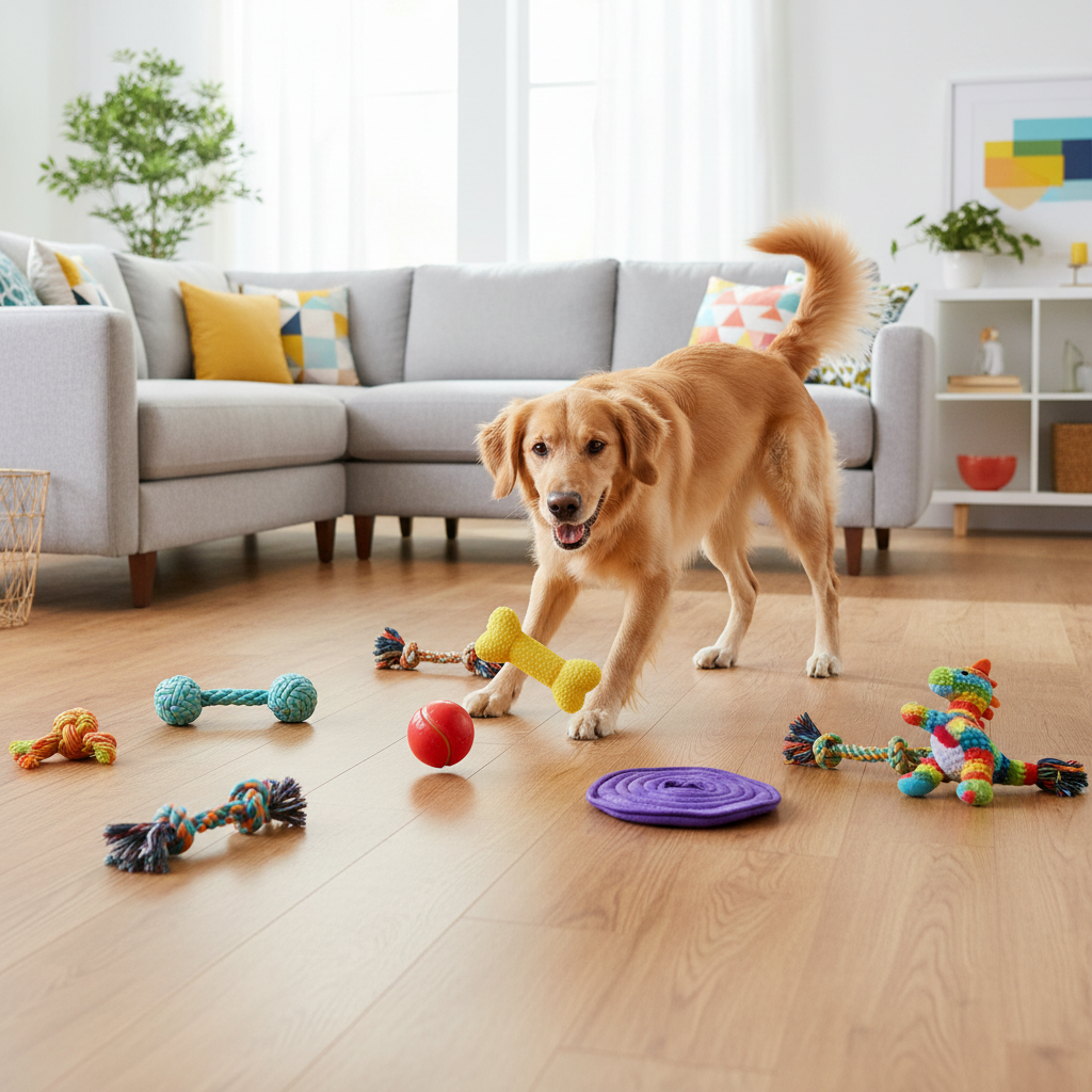 Happy playful dog surrounded by colorful fun dog toys on a bright living room floor