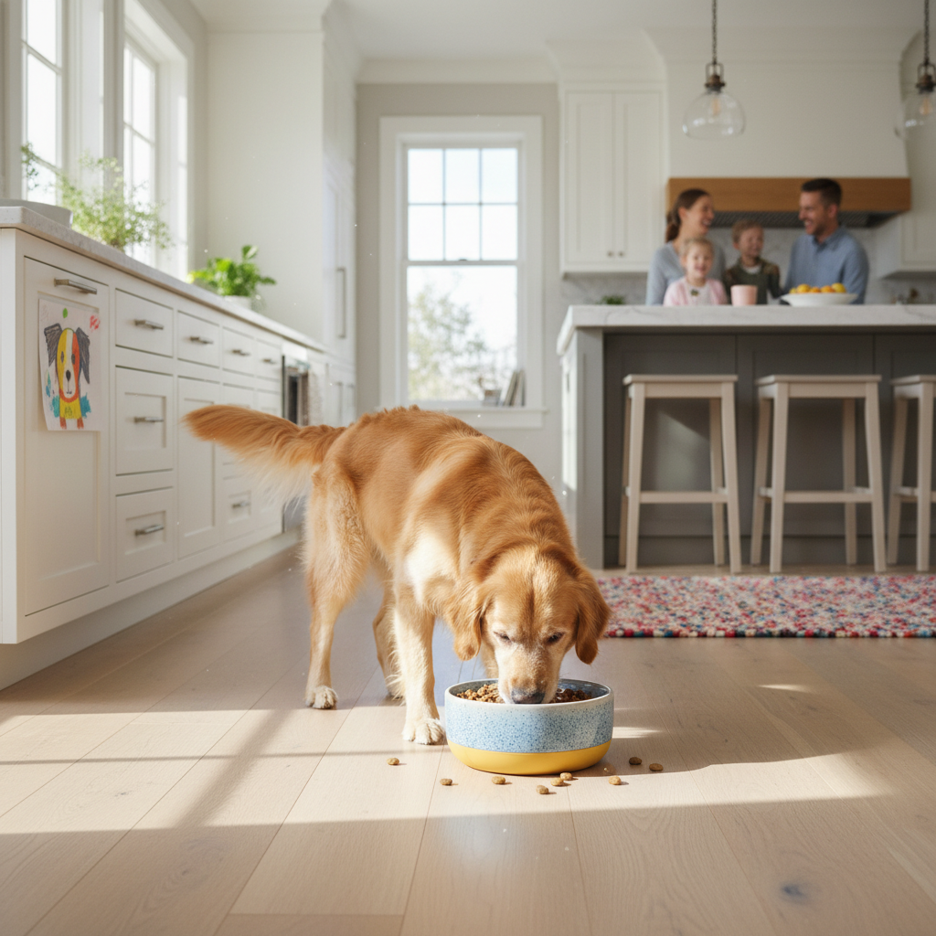 Happy dog eating from a stylish, durable dog bowl in a bright modern kitchen