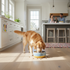 Happy dog eating from a stylish, durable dog bowl in a bright modern kitchen